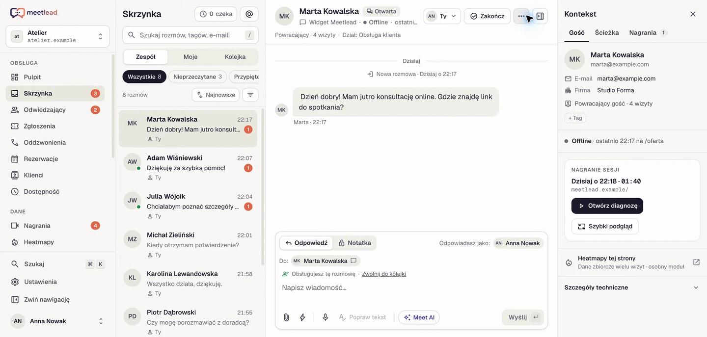 Skrzynka Meetlead z panelem kontekstu klienta