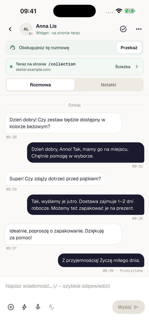 Aktualna rozmowa w aplikacji mobilnej Meetlead